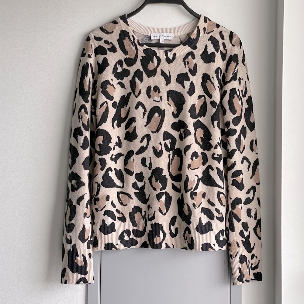 ANTHROPOLOGIE White + Warren 100% Cashmere Leopard Print Sweater